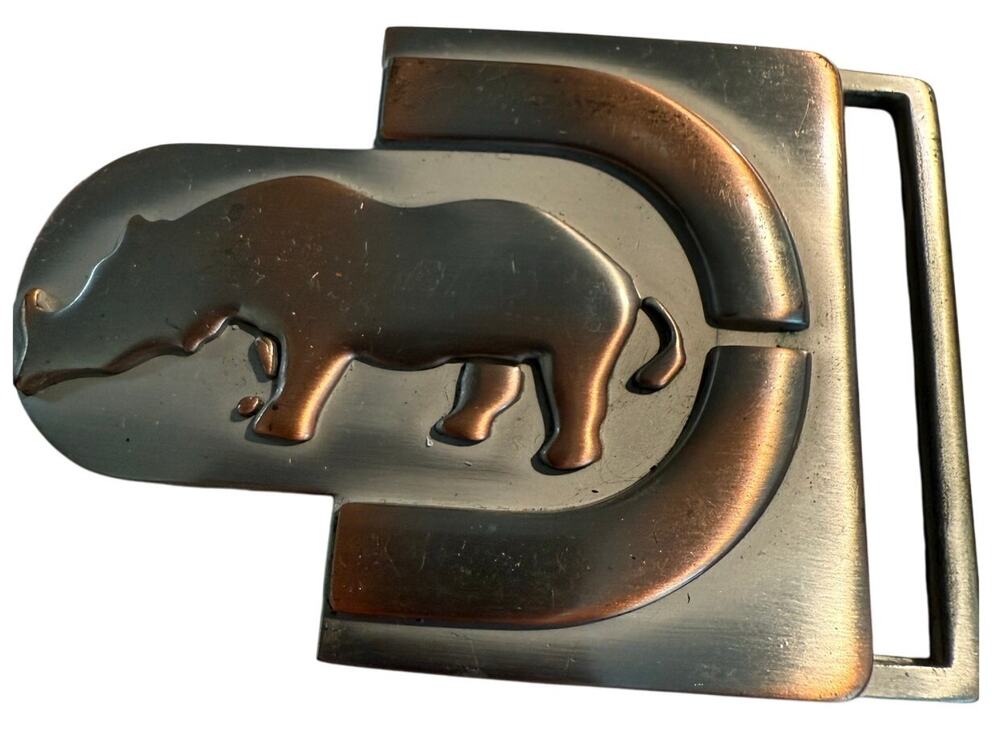 Vintage Artisan Rhino Belt Buckle, Brass/Pewter, Brutalist Wildlife Metal Art